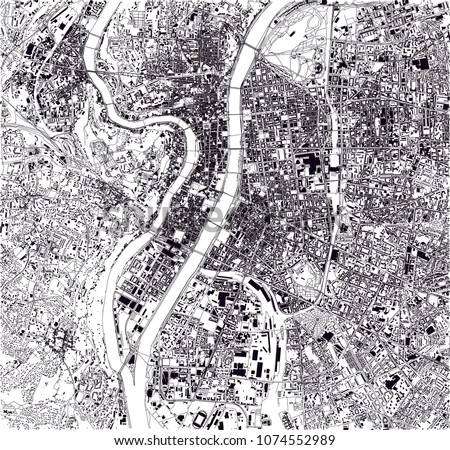 Lyon map, satellite view of the city, streets and houses, France. It is located in the country's east-central part at the confluence of the rivers Rhône and Saône