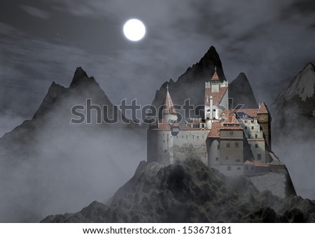 Dracula\'s castle. Dracula\'s castle on top of a mountain on a foggy night