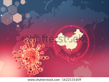Microscopic view of Coronavirus, a pathogen that attacks the respiratory tract. Analysis and test, experimentation. Contagion. Sars. World map with China highlighted. 3d render
