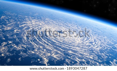 Satellite view of the eye of the storm, tropical storm. Formation of hurricanes. Atmospheric pressure. Meteorology. Climate change and global warming. Destructive air vortex. 3d render. Typhoon
