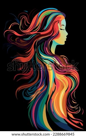 Silhouette of a girl with long curly hair, multi-colored. Beautiful long wavy hair style. Vector. Side view on a black background. Wavy haircut