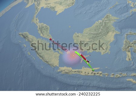 Path route Air Asia plane disappeared. Element of this image are furnished by Nasa