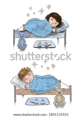 Freehand drawings of little kids sleeping in their beds