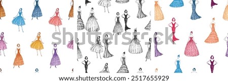 Seamless patterns of sketches cartoon slim young women in evening gowns, fashion backgrounds, wallpaper, paper, textile