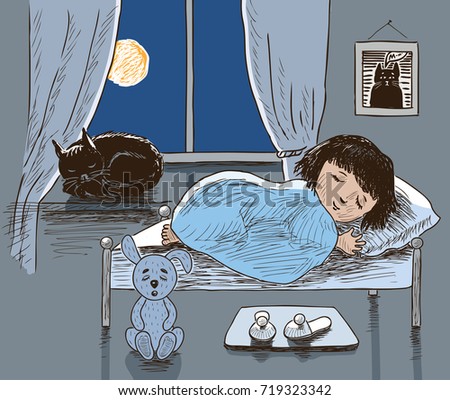 A little girl and her cat are sleeping