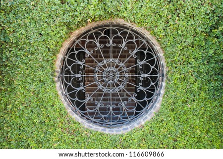 An ivy covered wall around a circular window of iron work and brick.