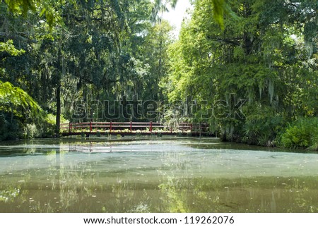 A bridge crosses a pond in the southern Low Country of South Carolina.