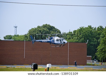 AIKEN, SOUTH CAROLINA - MAY 11: An emergency helicopter and crew respond to a call at a local seed packaging plant on May 11, 2013 in Aiken, South Carolina.