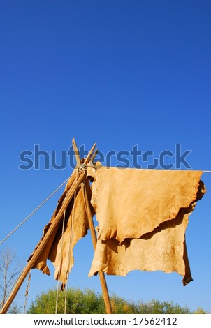 Tanned hides hang from a line.