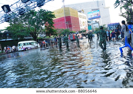 BANGKOK, THAILAND - NOVEMBER 04 : Heavy flooding from monsoon rain in Ayutthaya and north Thailand arriving in Bangkok on November 04,2011 Bangkok, Thailand, At Senanikom 2 Paholyothin Rd.