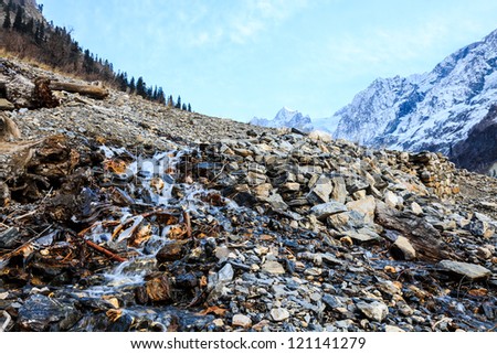snow melted water flowing from the top of mountain, kashmir, india