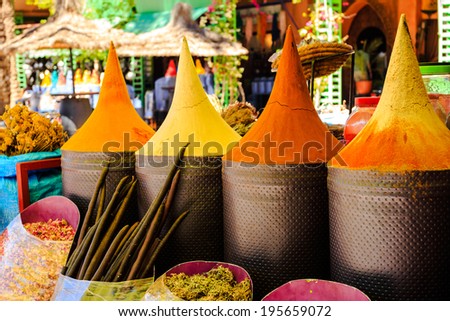 Moroccan spice stall in marrakech market, morocco