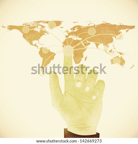 Paper texture ,Hand pressing digital button on world map on white background