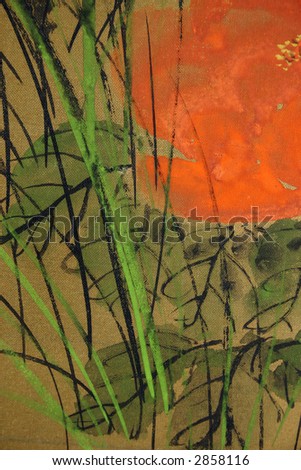 Handpainted Orange Peony with Green leaves on silk