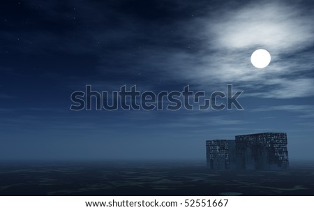 desert with destroyed buildings in the night - 3d illustration