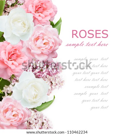 Wedding background with lilac flowers, pink and white roses isolated on white with sample text