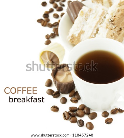 Coffee breakfast (still life coffee cup,coffee,beans,cakes and sweets isolated on white background)