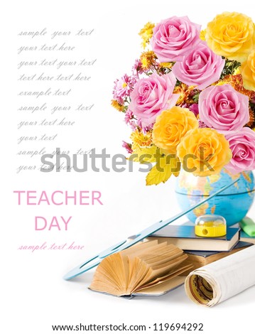 Teacher Day (still life with huge bunch of roses,asters and peonies, globe, map, book and sharpener isolated on white background)