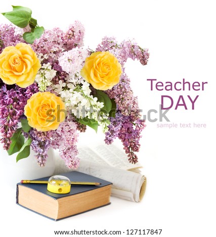 Teacher day (still life with huge lilac and roses bunch, book, pen, map  and knife sharpener isolated on white background)