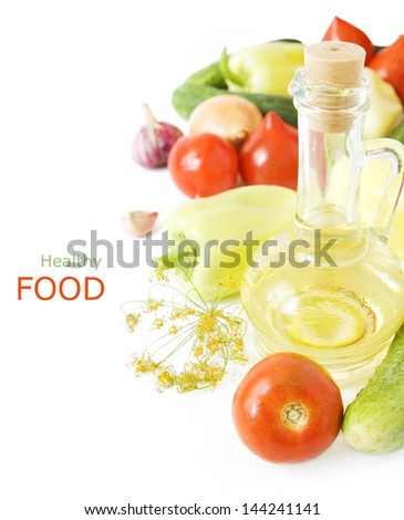 Fresh vegetables and olive oil isolated on white background with sample text