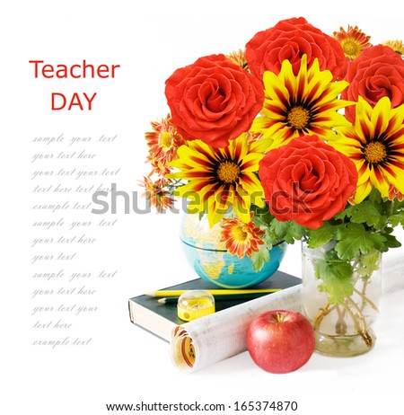 Teacher day (flowers bunch, books and map isolated on white background with sample text)