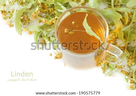 Linden tea and linden flowers isolated on white background