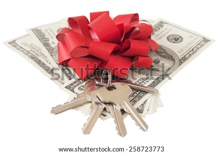 Money gift. Money bonus. Stack with money with red bow and key isolated on white background with sample text