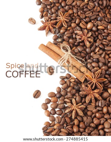 Coffee beans and spice isolated on white background with sample text