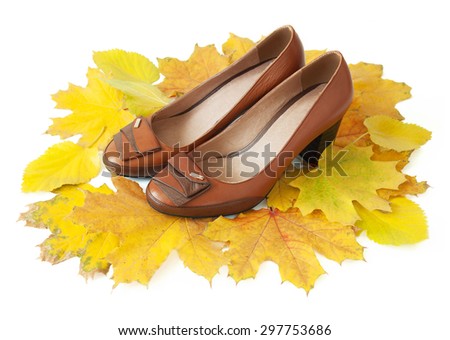 Luxury shoes with autumn leaves isolated on white background. Autumn sales concept