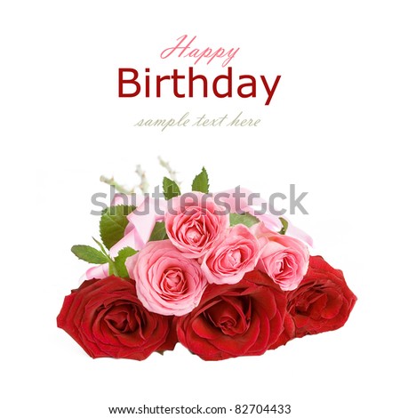 Bunch of pink and red roses with bow isolated on white with sample text