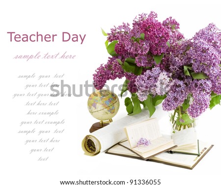 Teacher day (still life with bunch of lilac, books and globe isolated on white)