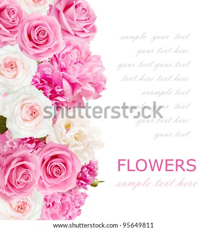 Background with peonies and roses isolated on white with sample text