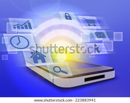 mobile phone and wi-fi sign surrounded by information icons