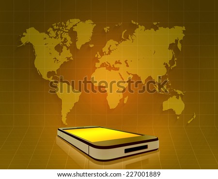 mobile phone and world map on grid orange background.