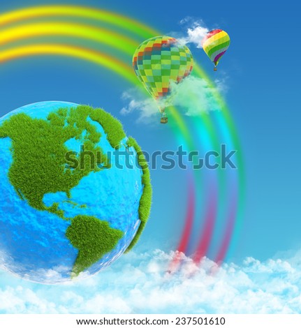 Planet earth with continents made of grass. Balloons on rainbow background. Sky and clouds
