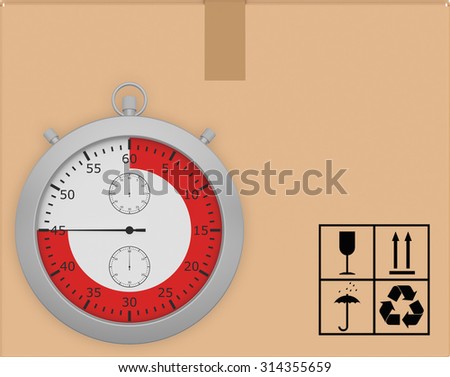 Stopwatch on background of cardboard box with icons transportation.