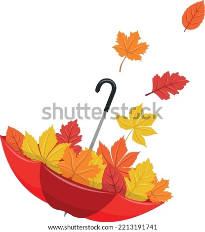 Red umbrella filled with autumn leaves, vector illustration.