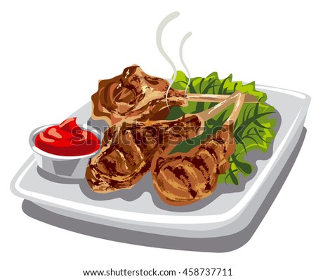 illustration of grilled lamb chops with tomato sauce and lettuce