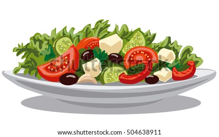 illustration of fresh greek salad with lettuce, tomatoes and olives