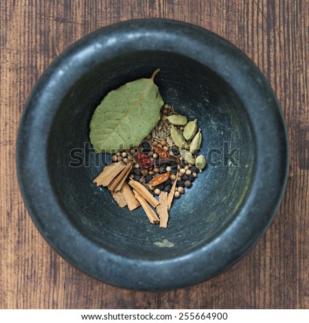 Indian Spices in Mortar and Pestle. Shallow Depth of Field.