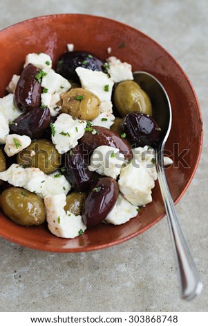 Pan-Fried Olives and Feta. Shallow Depth of Field.