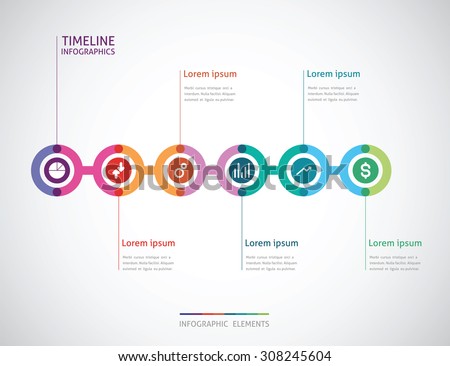 horizontal timeline infographics with a six color circle in the 