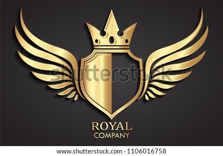 3d golden winged shield with crown logo / heraldry symbol