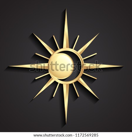 sun with negative shape moon 3d golden metal symbol