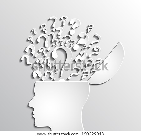 paper human head open with question marks / brainstorming / vector illustration eps 10