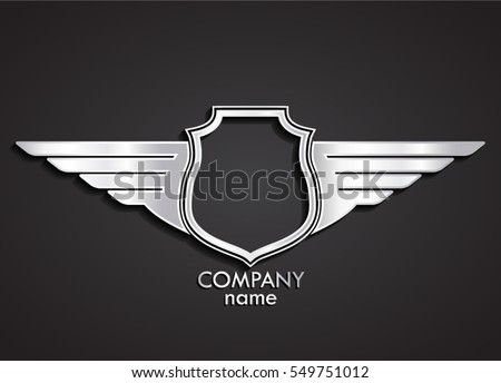 3d heraldic shield and wings logo / silver emblem