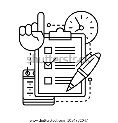 checklist icon with pen, clock, calendar and hand with a raised finger up.