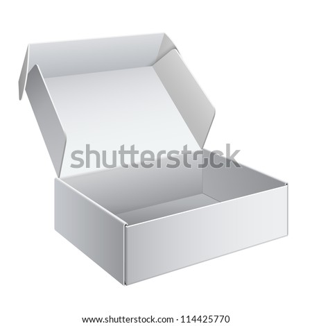 Cool Realistic White Package Cardboard Box Opened. For Software, electronic device and other products. Vector illustration