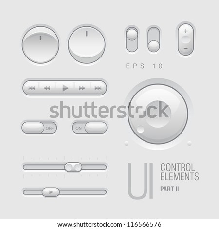 Web UI Elements Design Gray. Buttons, Switches, bars, power buttons, sliders. Part two. Vector illustration