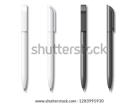 White and Black Realistic Set Pen. Vector illustration. Template For Mockup Branding Stationery and Corporate Identity.